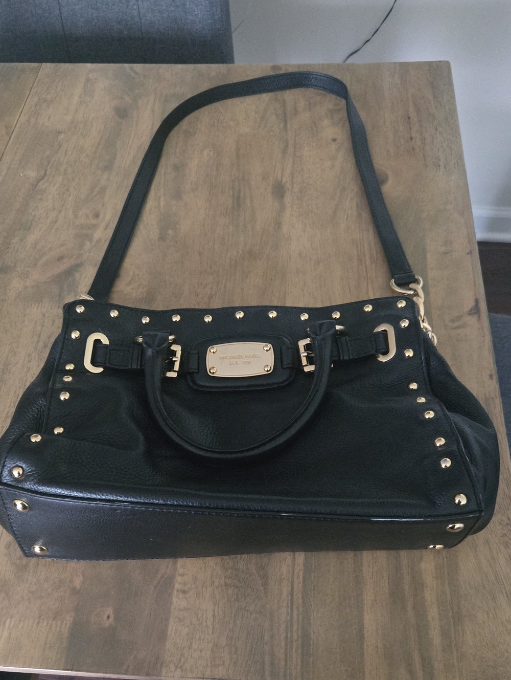 Michael Kors-Tote-Black-2 Buckle-Gold Plate Logo-Studs-4 Pockets 2 Zippers